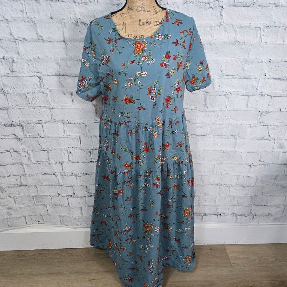 Womens maxi dress Sz XL scoop neck short sleeve floral casual pockets A35
